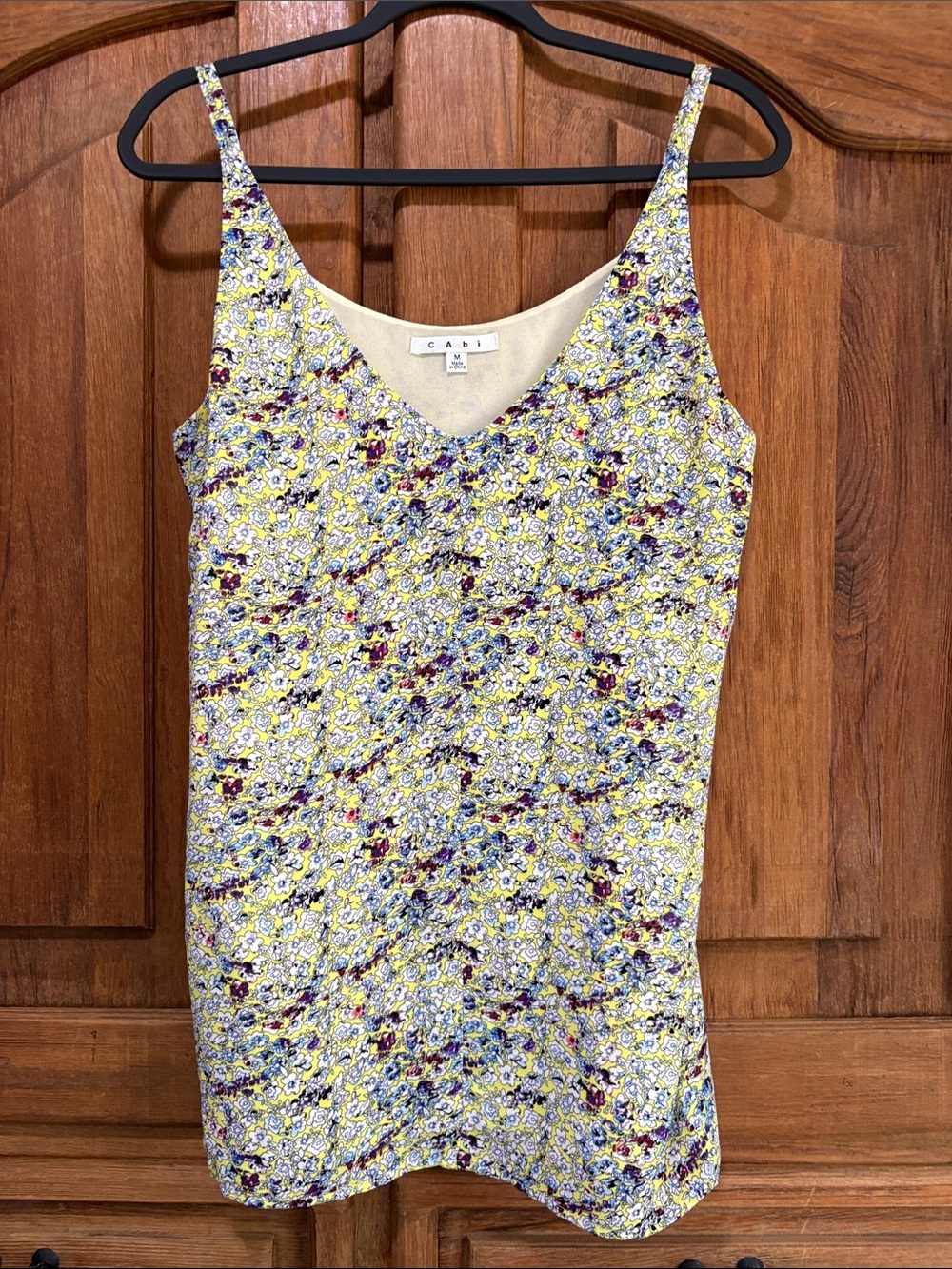 CAbi Yellow Floral sleeveless blouse with Blue & Burgundy Accents